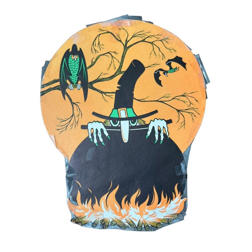 Beistle‎ Halloween VTG Witch Cauldron Vultures Cardboard Orange Moon 60s READ